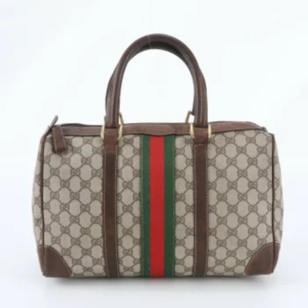 Gucci GG Supreme Sherry Web Stripe Boston Bag Canvas Leather Beige Brown